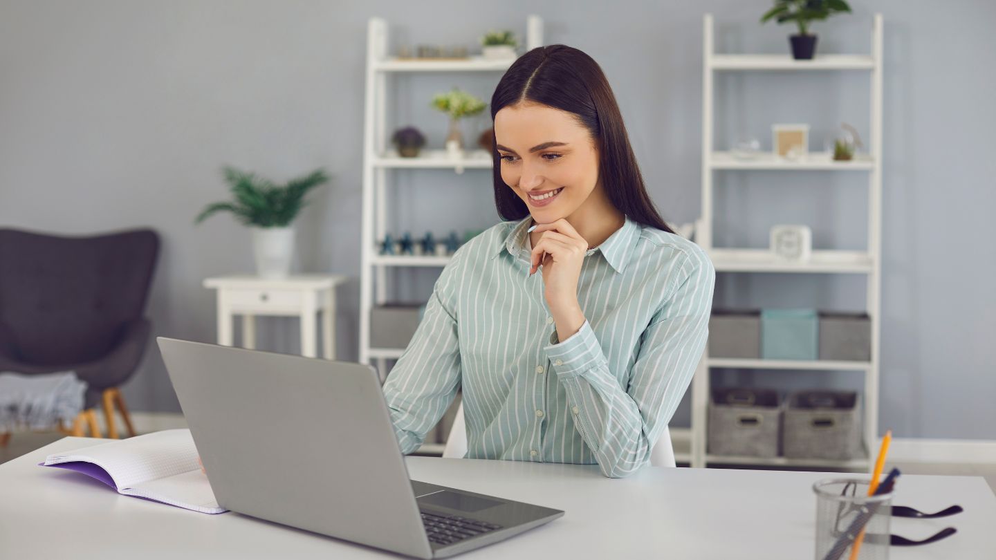  Woman Studying Online at Home with Laptop 