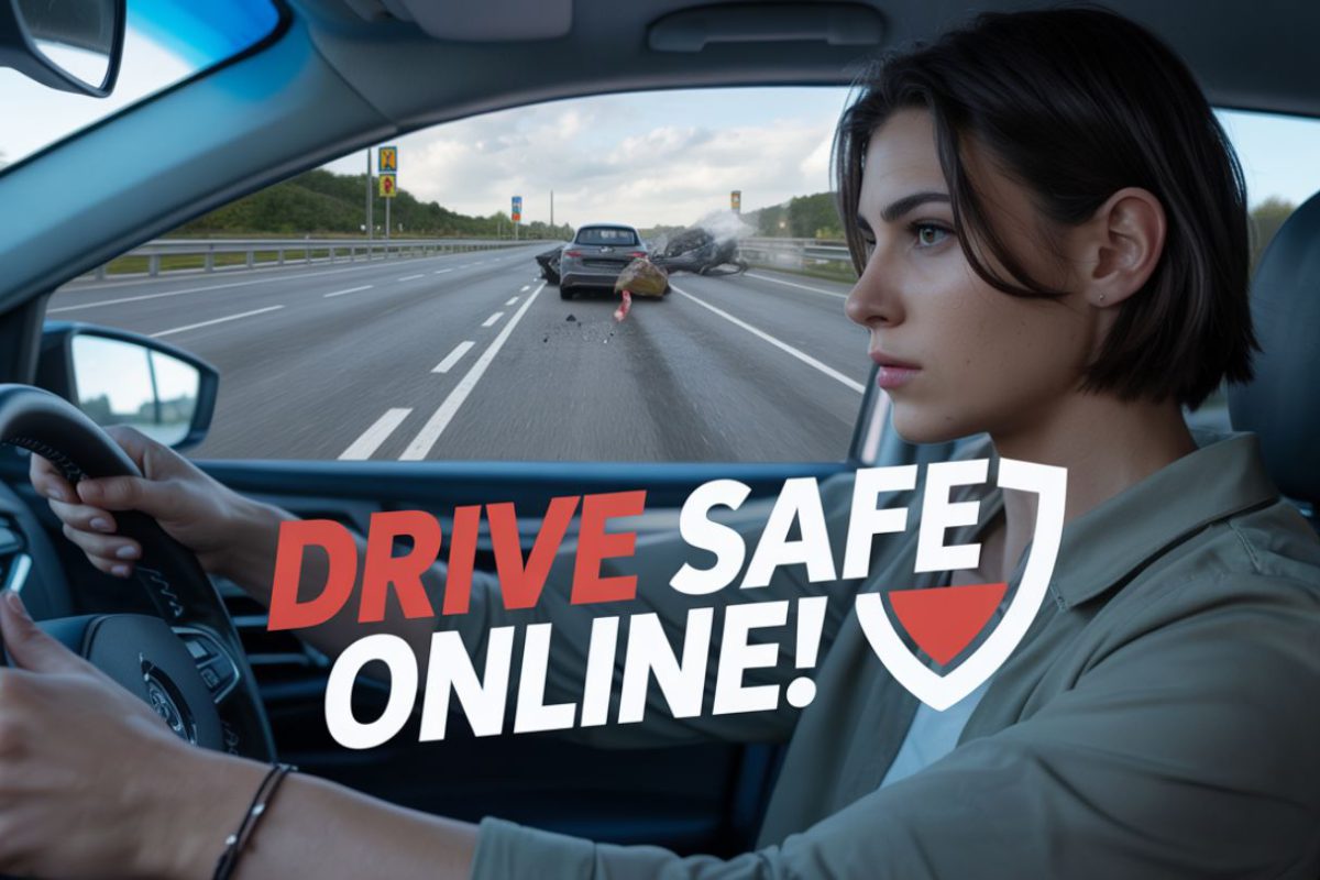 Woman Driving A Car With A Drive Safe Online Banner